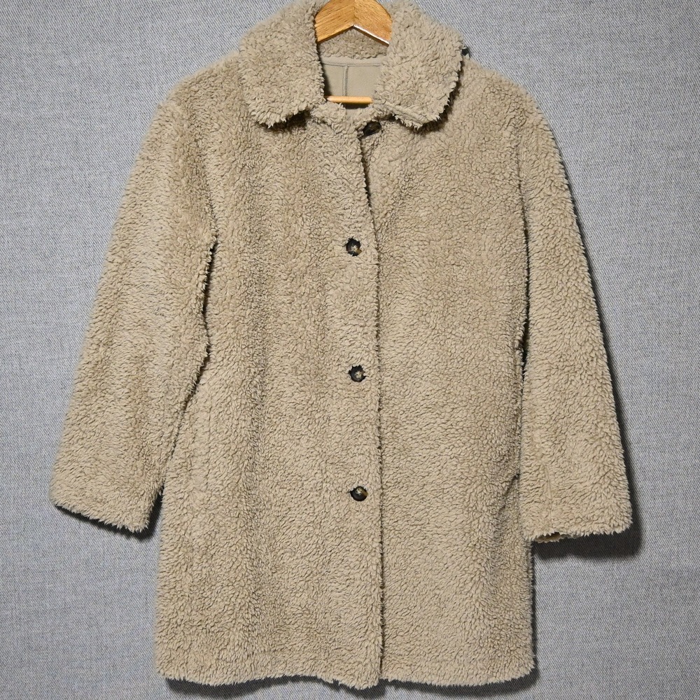 Uniqlo Teddy Fleece Coat Womens XS Beige Button Up Long Jacket 2022
